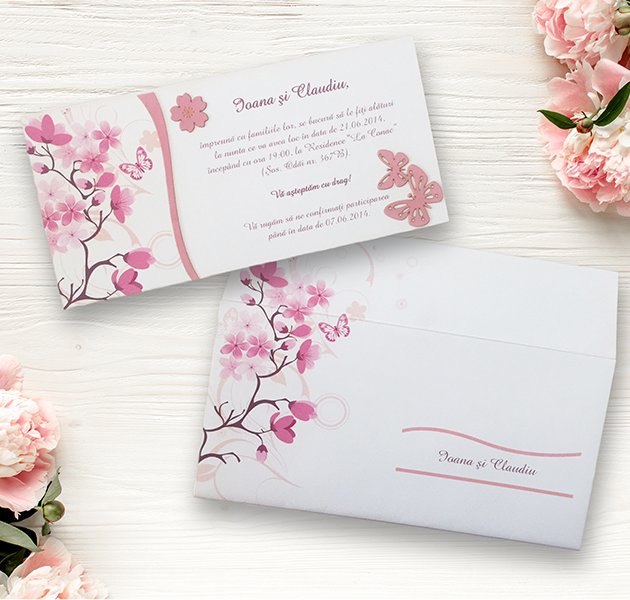 Invitatie de nunta cu floare de cires si fluturi