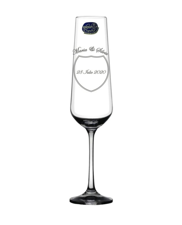 Pahar de sampanie din cristal de Bohemia gravat pentru miri