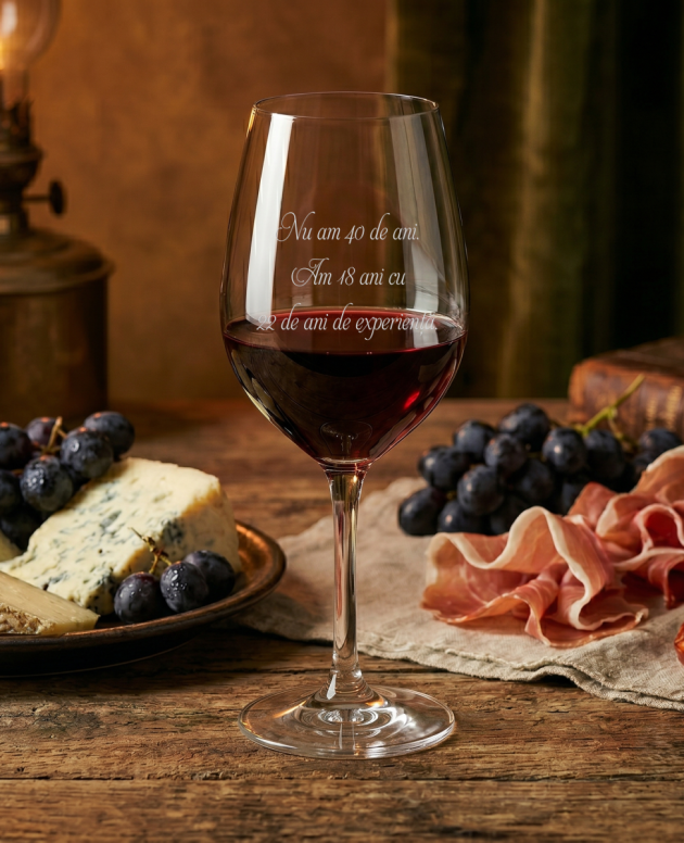 Pahar de vin rosu personalizat cu mesaj prin gravura laser